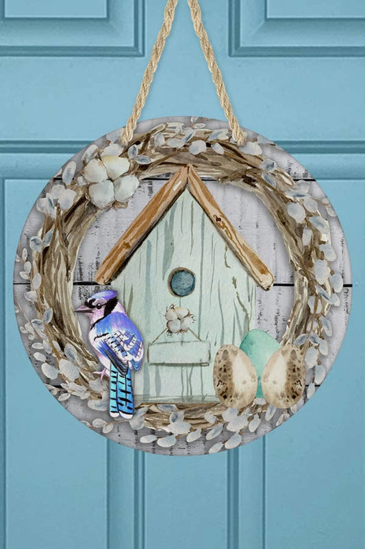 Door Sign Blue Bird House Round Hanging Home Decor Art