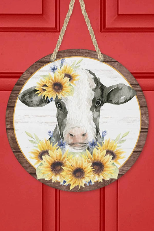 Door Sign Cow & Sunflower Spring Round Hanging Home Decor Art